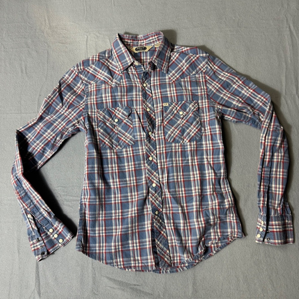 Salt Valley Western Mens Small Blue Red Plaid Long Sleeve Pearl Snap Shirt Slim